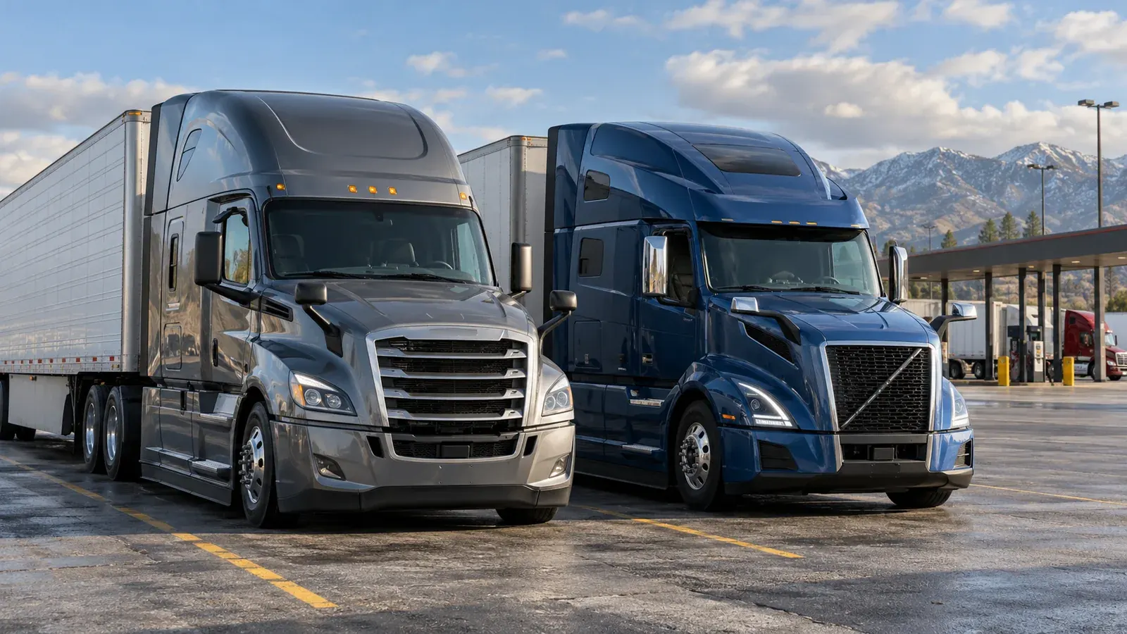 Two aerodynamic long-haul semi trucks parked side by side at a truck stop.
