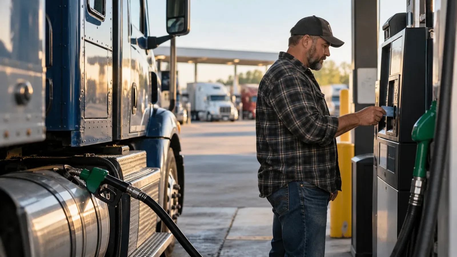 Driver using a payment card at a diesel pump beside a semi truck