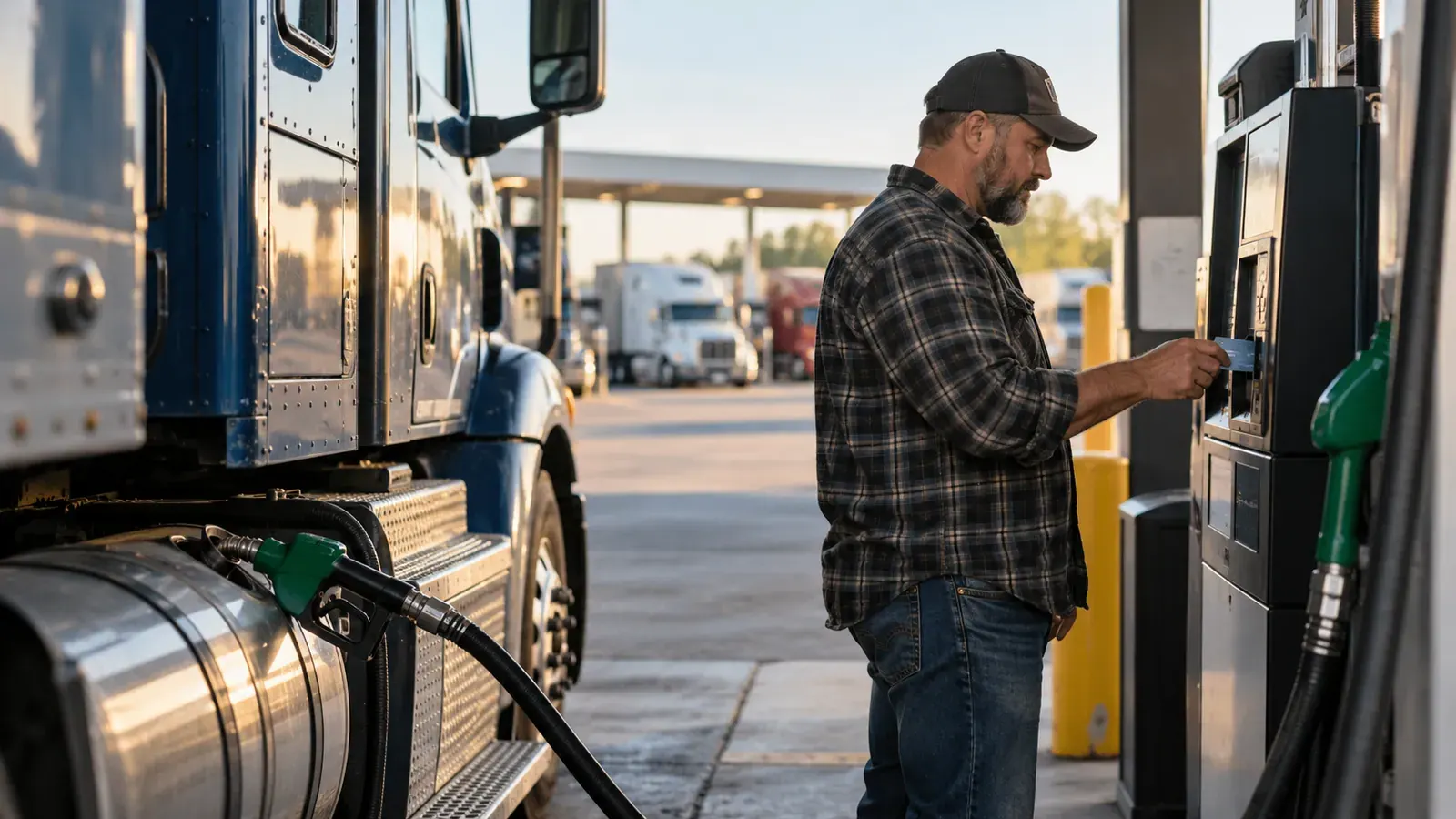 Driver using a payment card at a diesel pump beside a semi truck