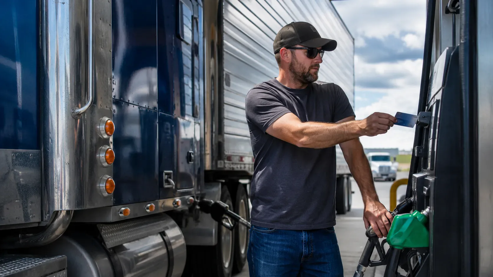 Owner-operator using a fuel card while refueling a commercial truck