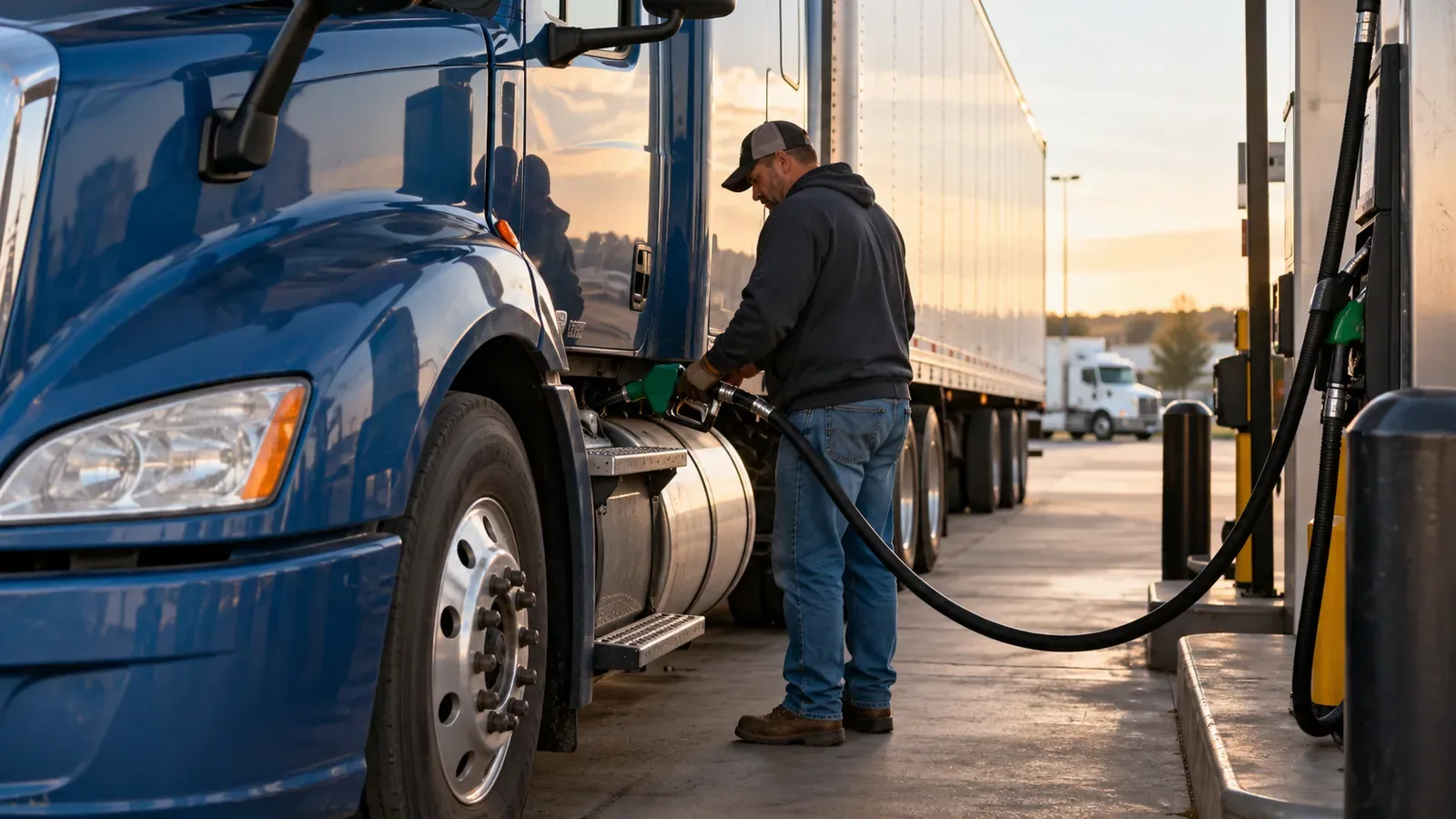 Truck driver refueling a semi truck at a diesel station