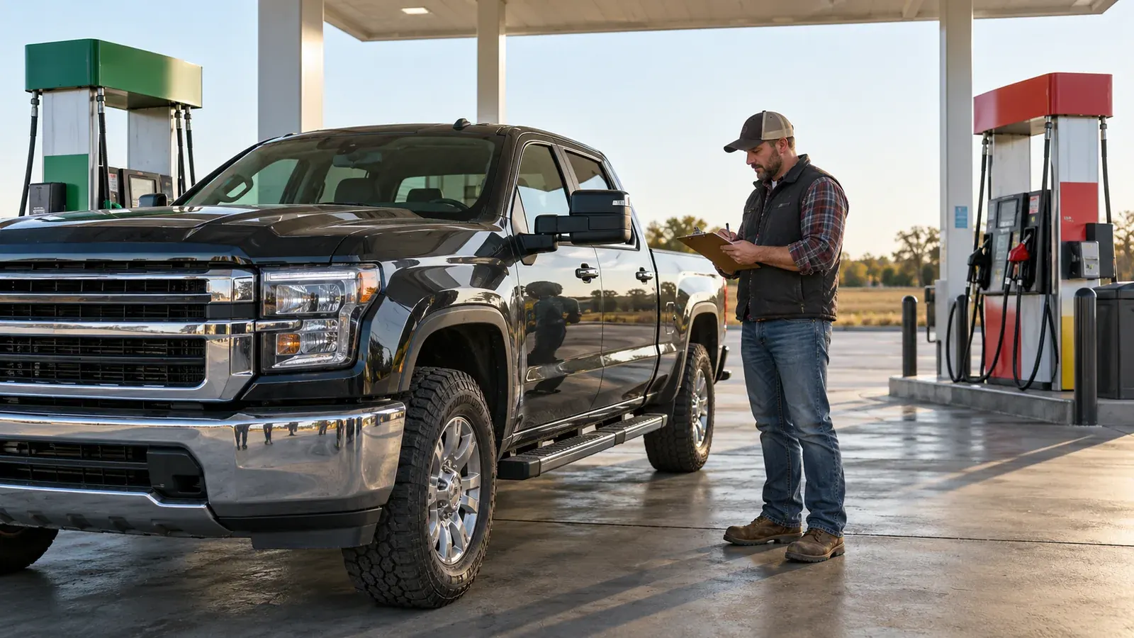 A pickup truck at a fueling station while its owner reviews operating costs.