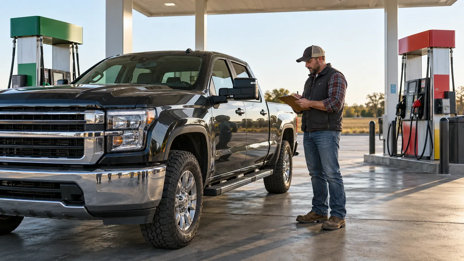 A pickup truck at a fueling station while its owner reviews operating costs.