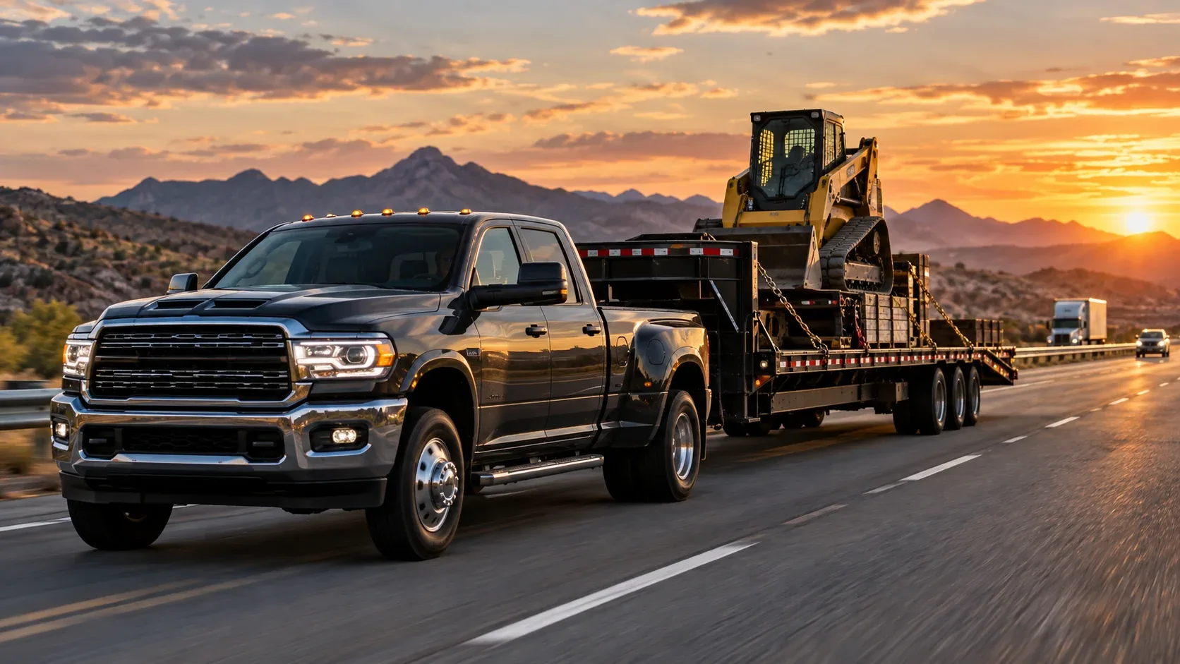 Hotshot dually pickup towing a gooseneck flatbed with construction equipment on an interstate highway
