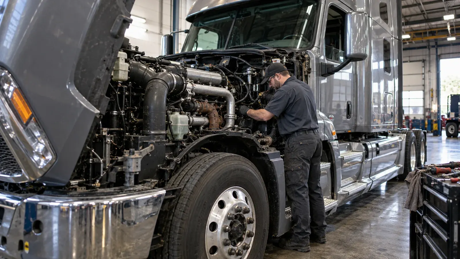 A technician inspecting a heavy-duty diesel engine under the raised hood of a semi truck.