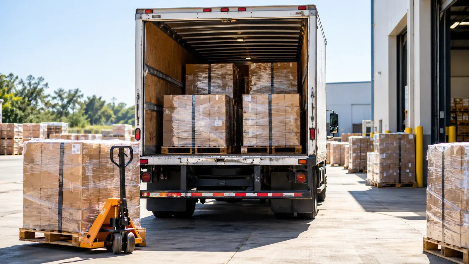 Palletized freight visible through the rear doors of a delivery box truck.