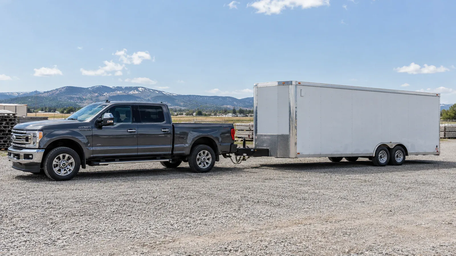 A dark gray heavy-duty pickup coupled to an enclosed tandem-axle cargo trailer on a gravel lot.