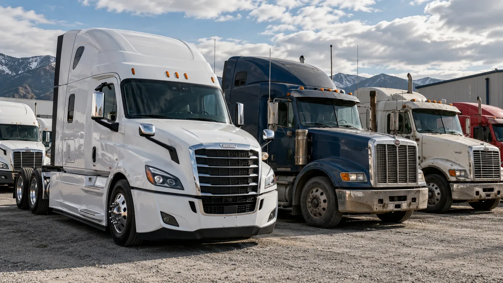 Newer and older semi tractors parked together at a commercial truck dealership.