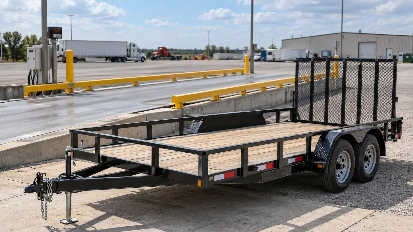 An empty black tandem-axle utility trailer parked beside a commercial vehicle weighbridge.