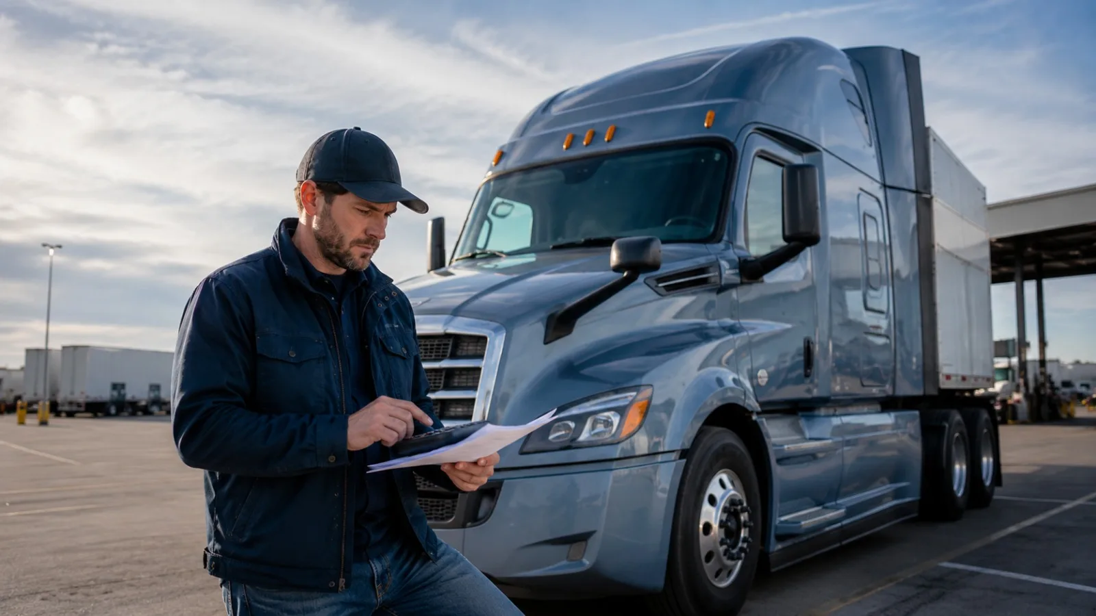 New motor carrier owner calculating insurance costs beside a commercial truck