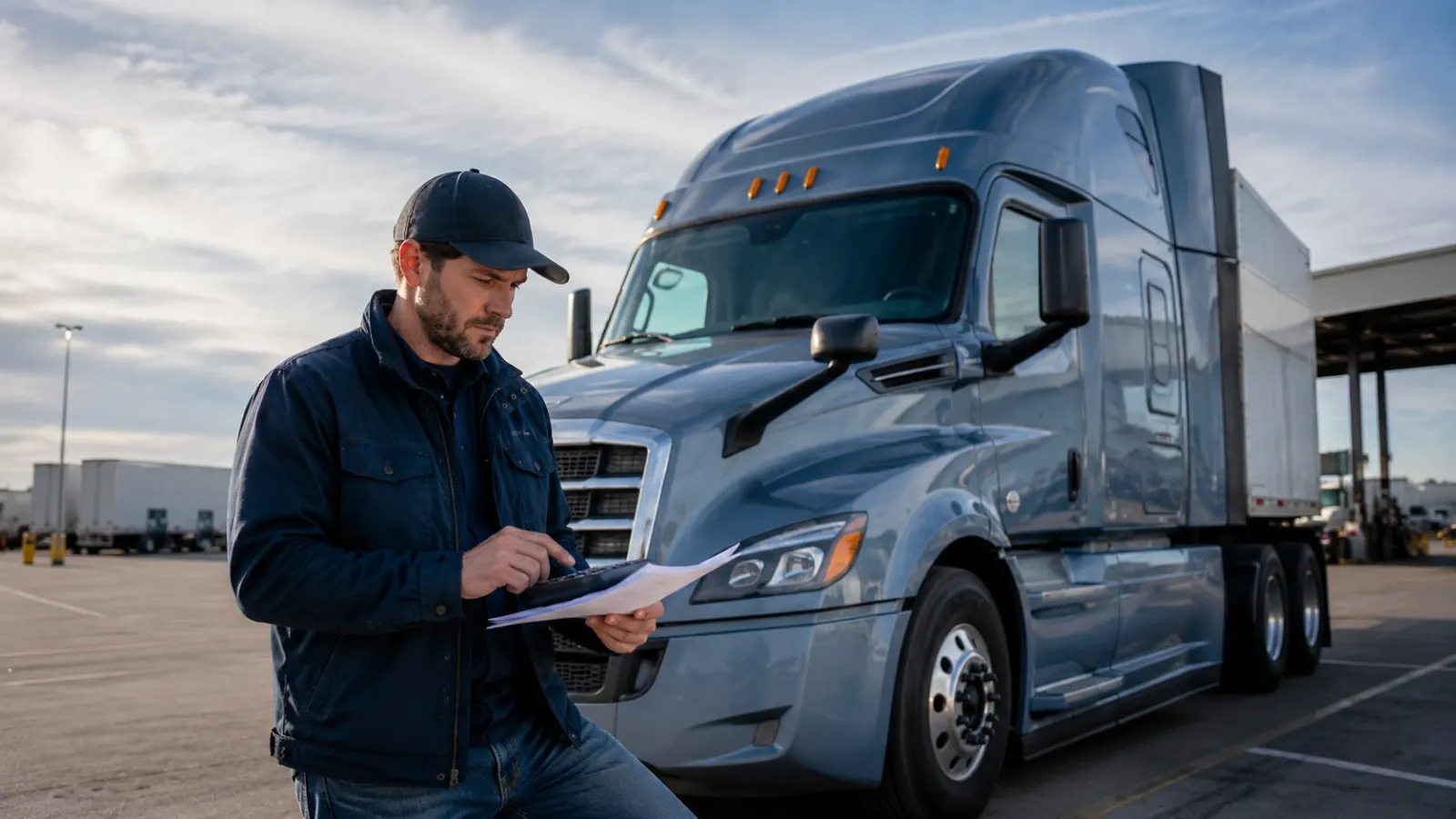 New motor carrier owner calculating insurance costs beside a commercial truck