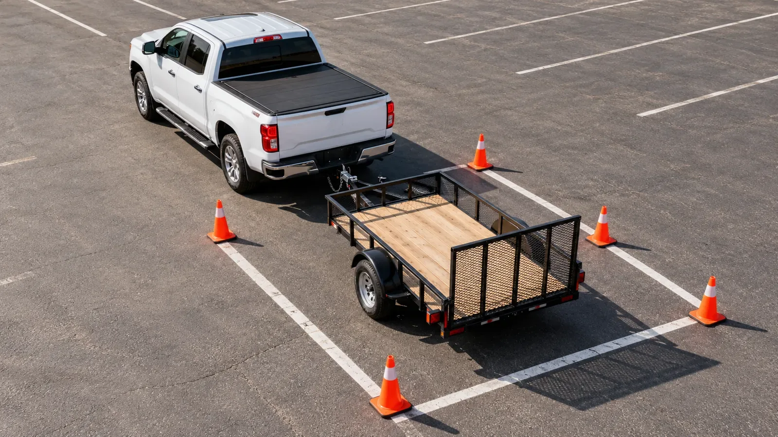 An overhead view of a pickup reversing a small utility trailer between practice cones.