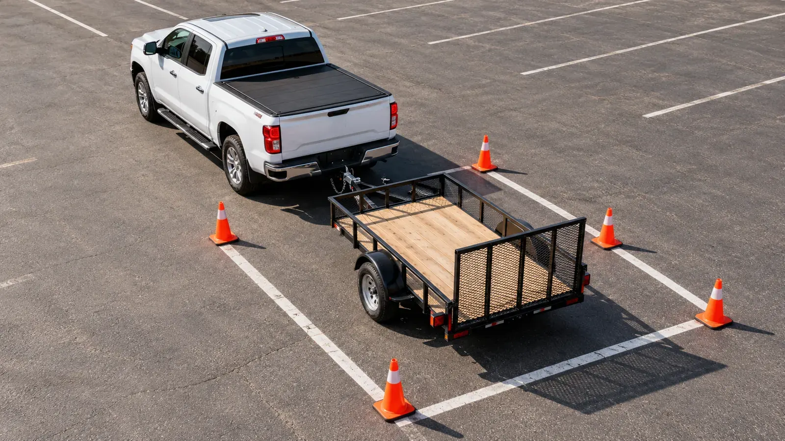 An overhead view of a pickup reversing a small utility trailer between practice cones.