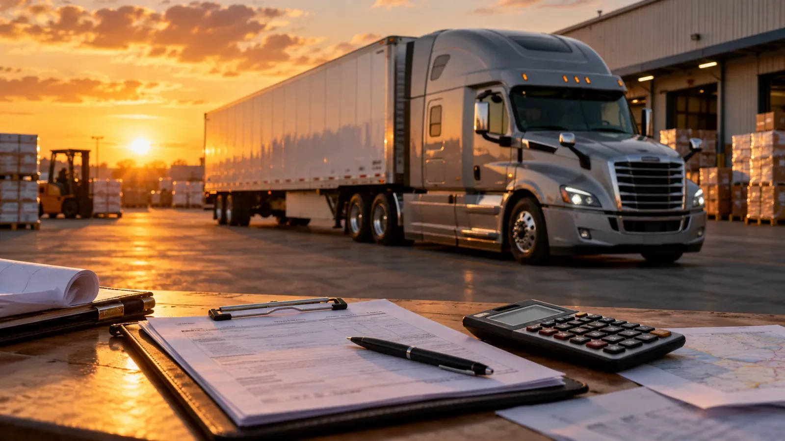 Semi truck parked at a freight yard with route paperwork and a calculator