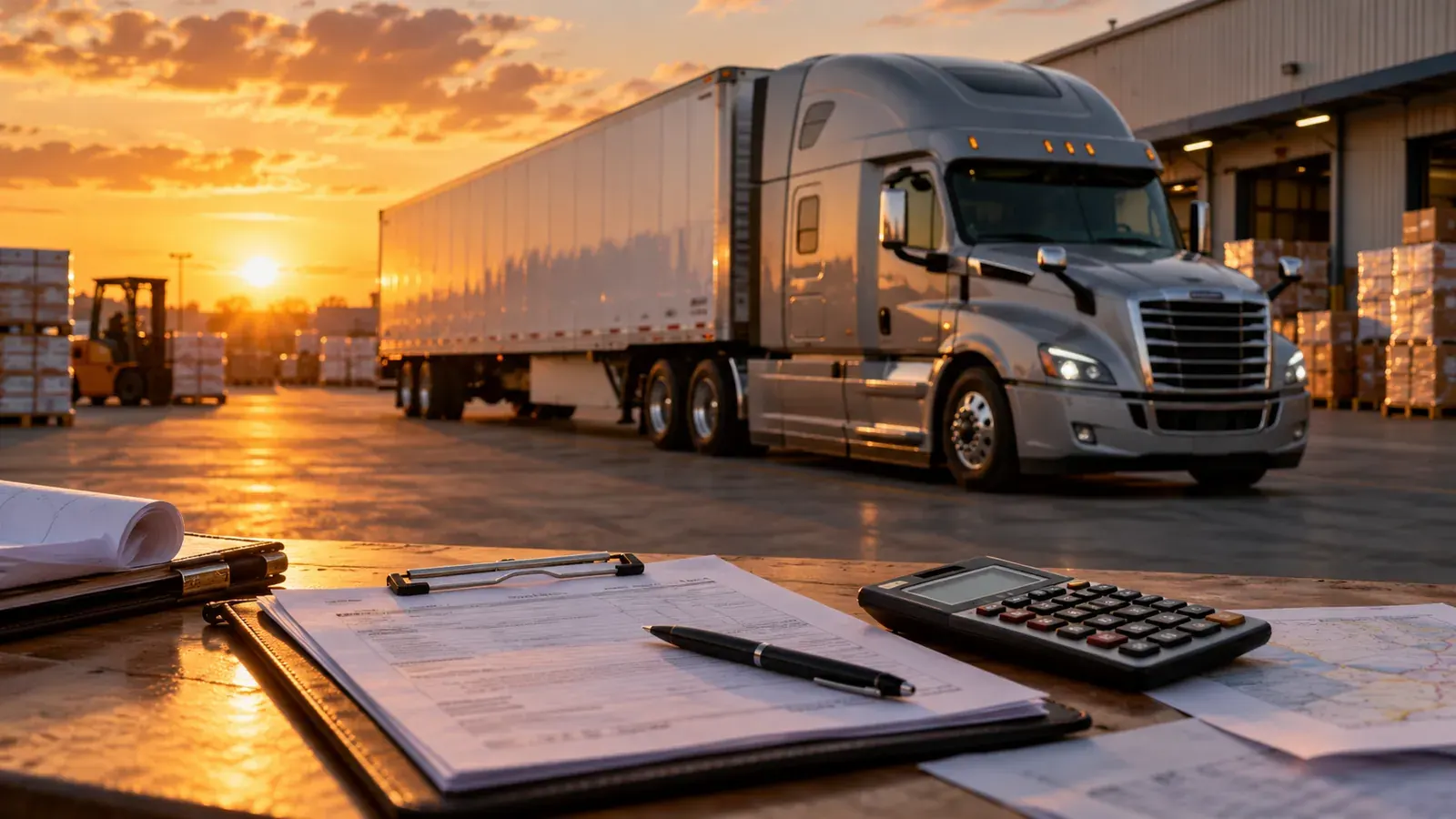 Semi truck parked at a freight yard with route paperwork and a calculator