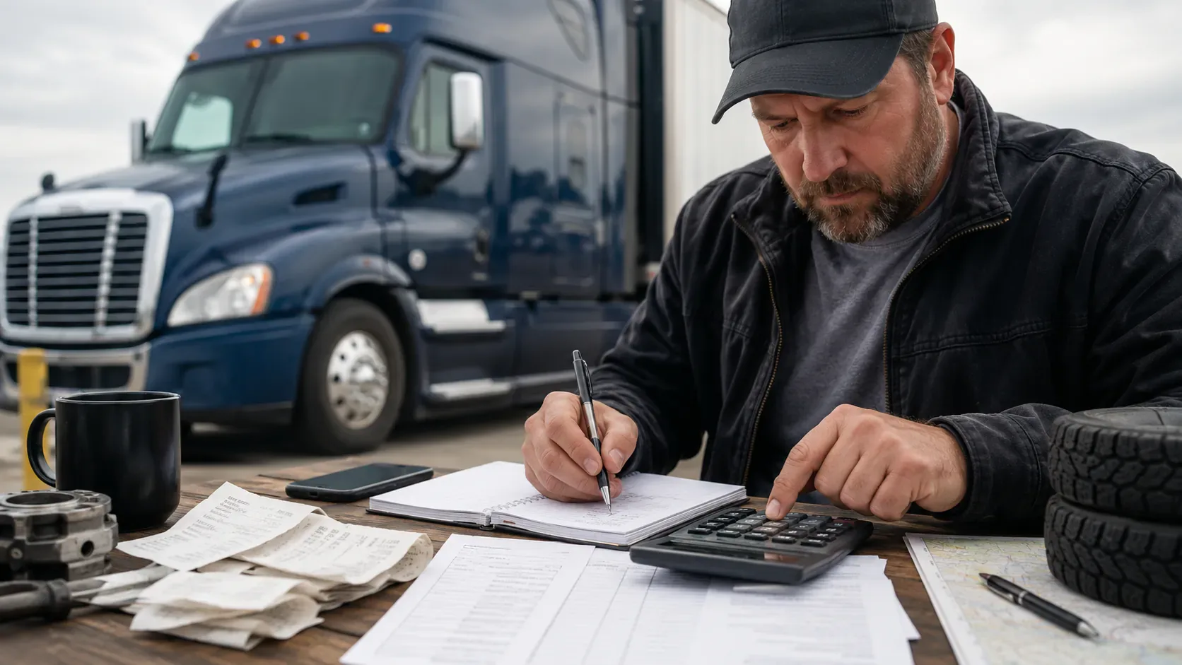 Owner-operator calculating the real cost per mile using receipts, operating records and a calculator
