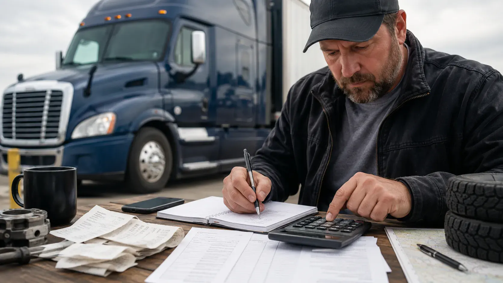 Owner-operator calculating the real cost per mile using receipts, operating records and a calculator
