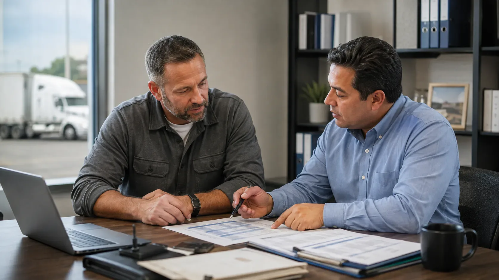 Motor carrier owner comparing drug and alcohol testing consortium services with an adviser