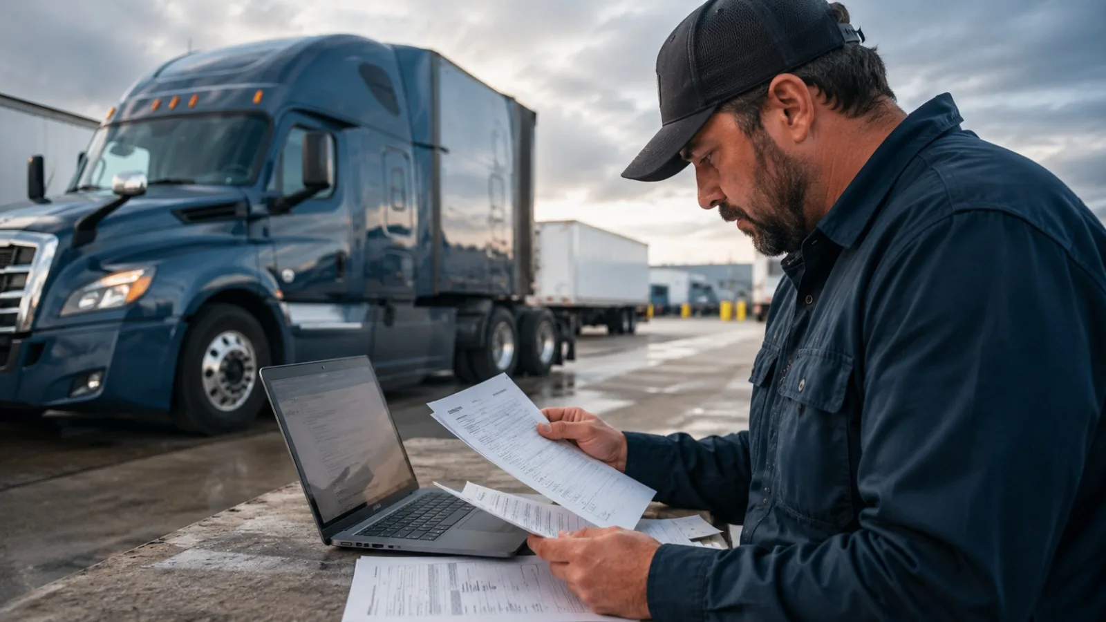Owner-operator comparing commercial truck insurance quotes beside a laptop