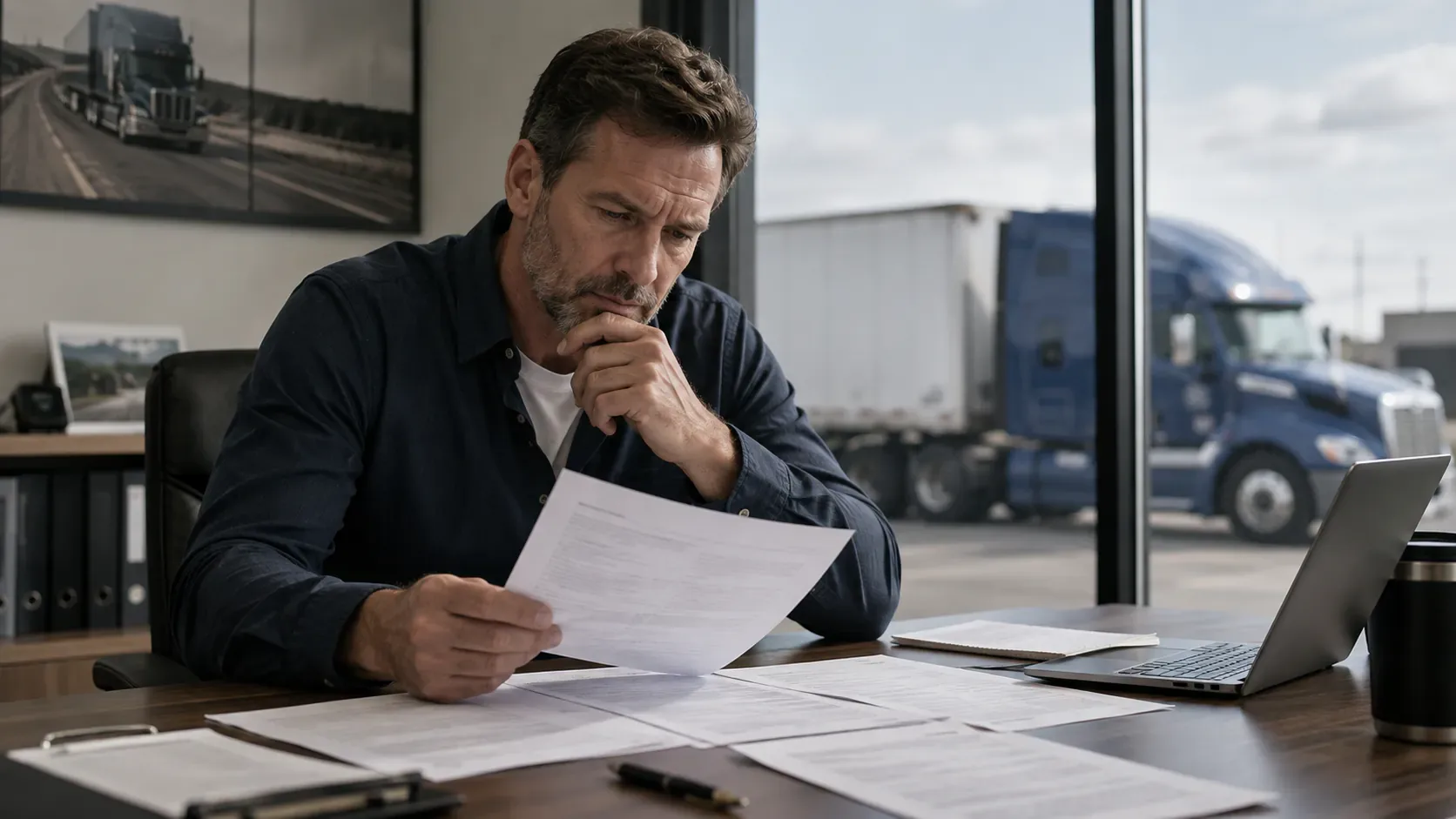 Motor carrier owner carefully reviewing freight factoring contract terms in a transport office