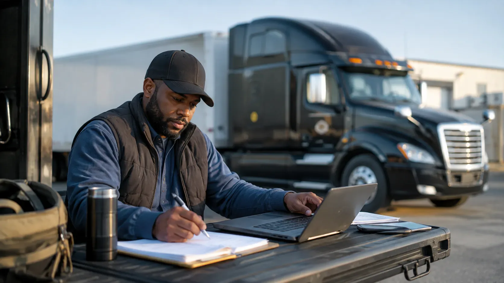 Owner-operator completing trucking authority paperwork on a laptop beside his semi-truck