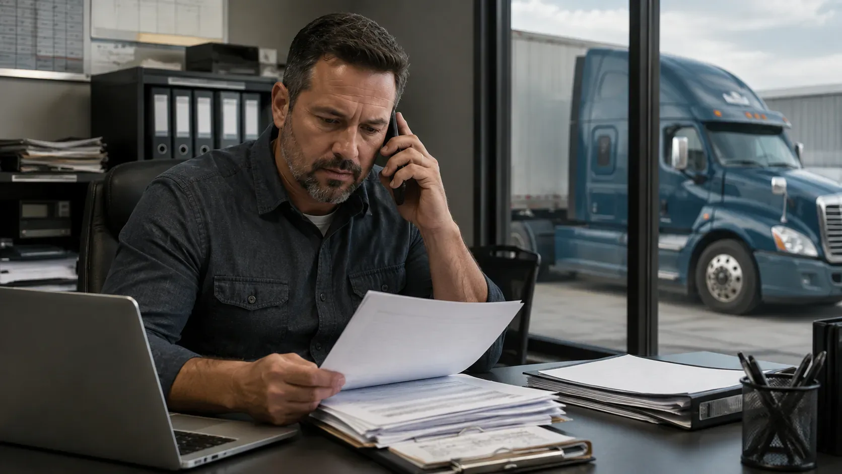 Motor carrier owner reviewing reinstatement documents during a phone call