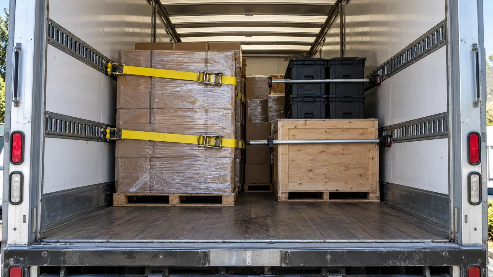 Palletized cargo secured with straps and load bars inside a box truck.