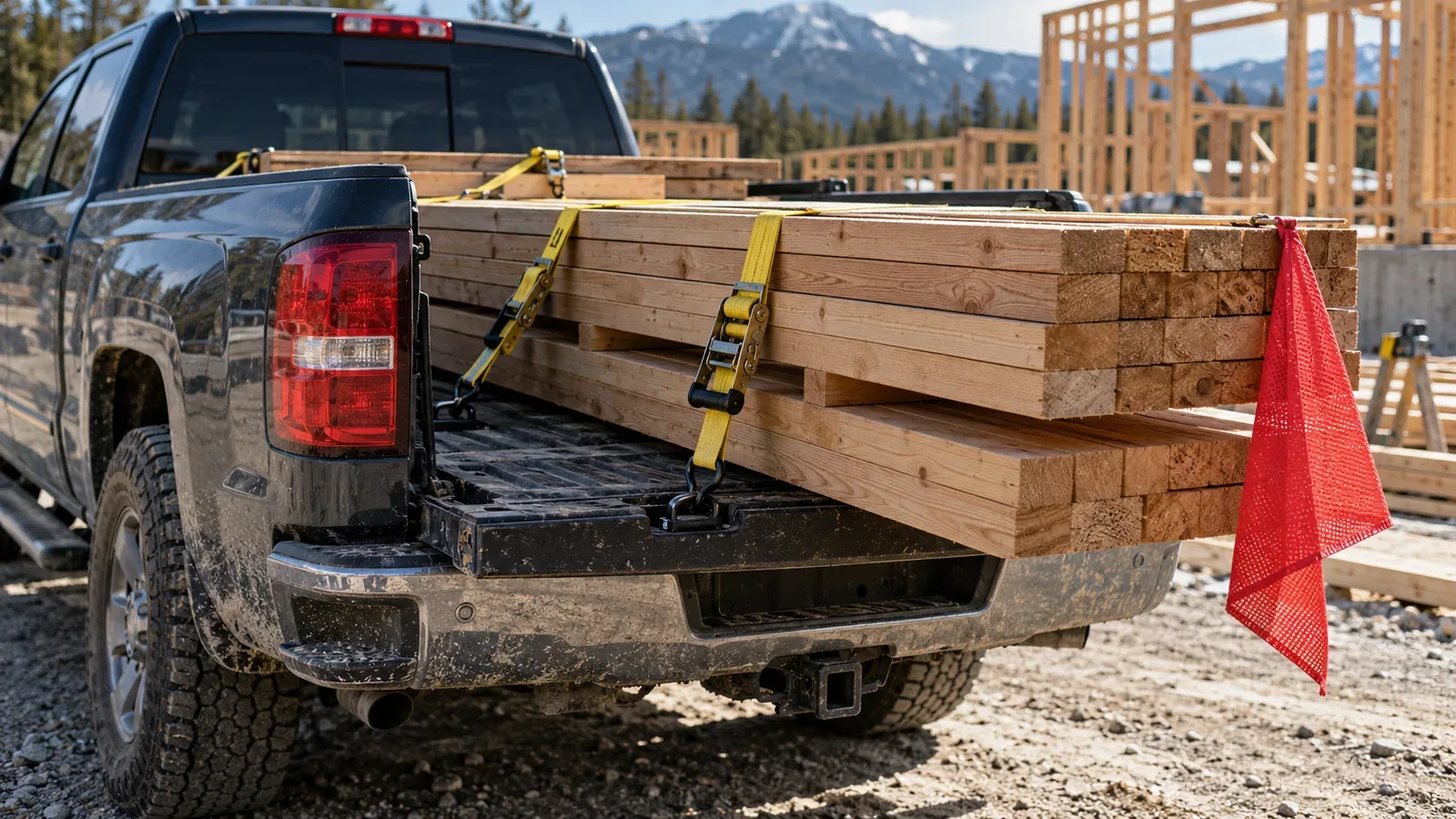 Lumber secured with straps in the bed of a work pickup at a construction site.
