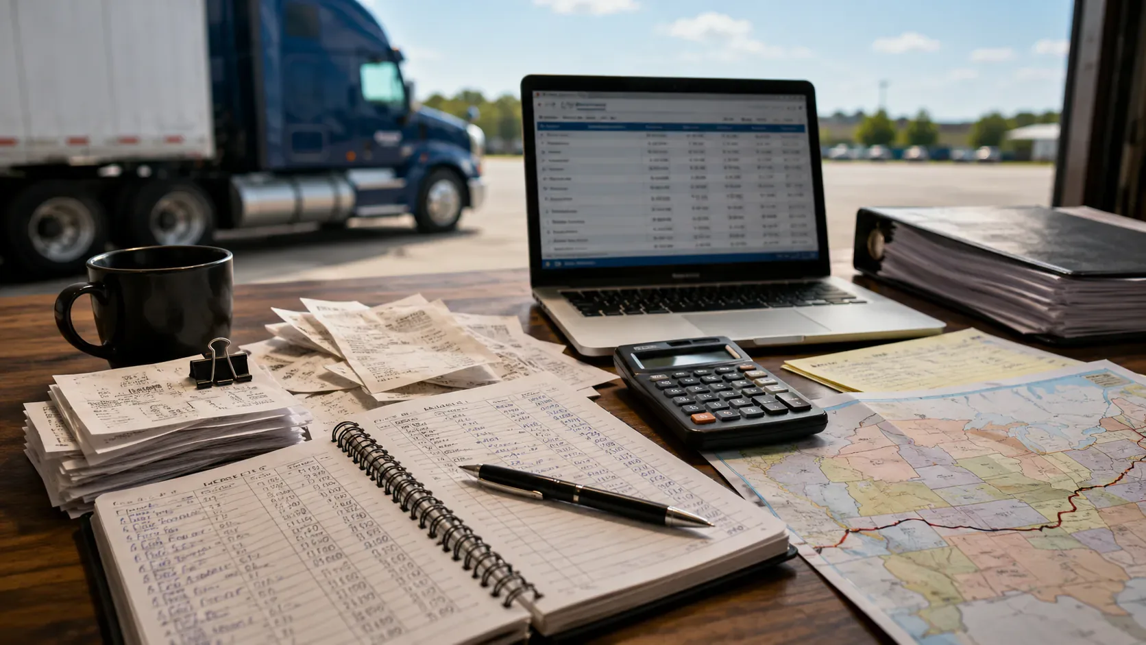 IFTA mileage, fuel receipts, route maps and quarterly tax calculations for an owner-operator