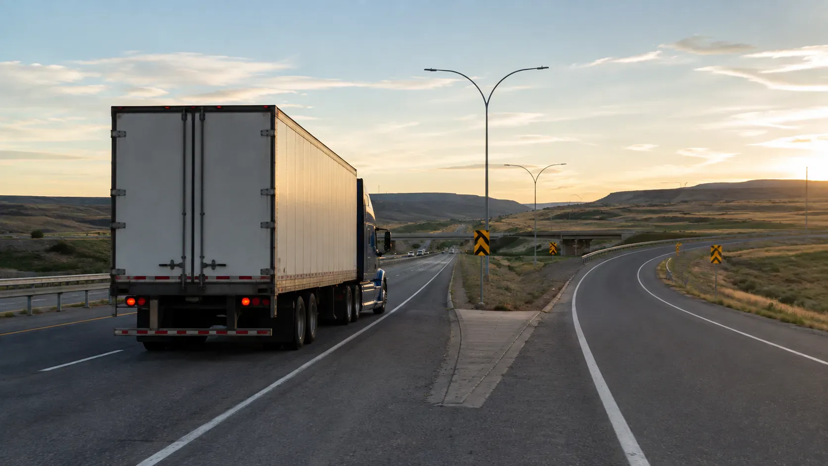 Commercial truck approaching a highway split representing intrastate and interstate operations