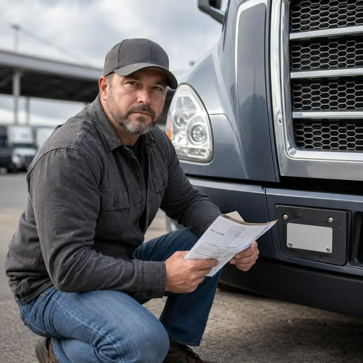 Interstate motor carrier reviewing an IRP apportioned cab card beside a commercial truck