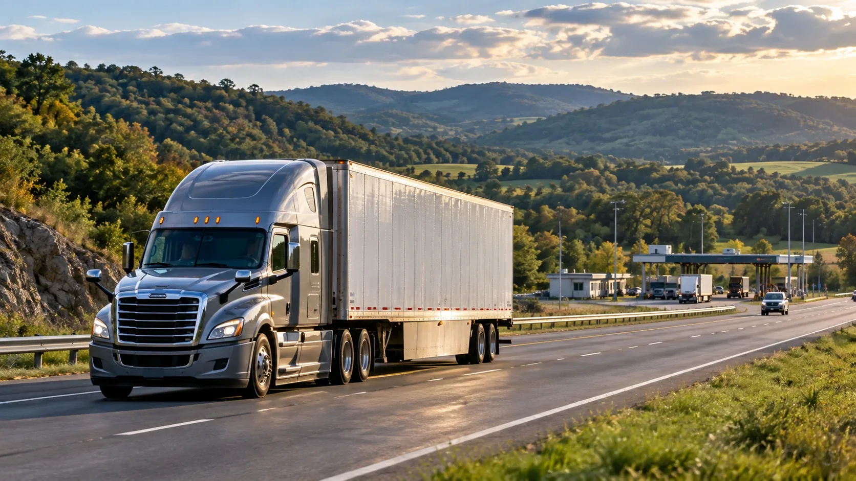 Semi truck approaching a highway weigh station in the rolling hills of Kentucky