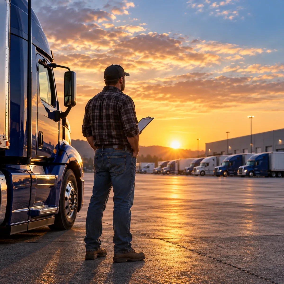Owner-operator standing beside his semi-truck while reviewing business paperwork at sunset