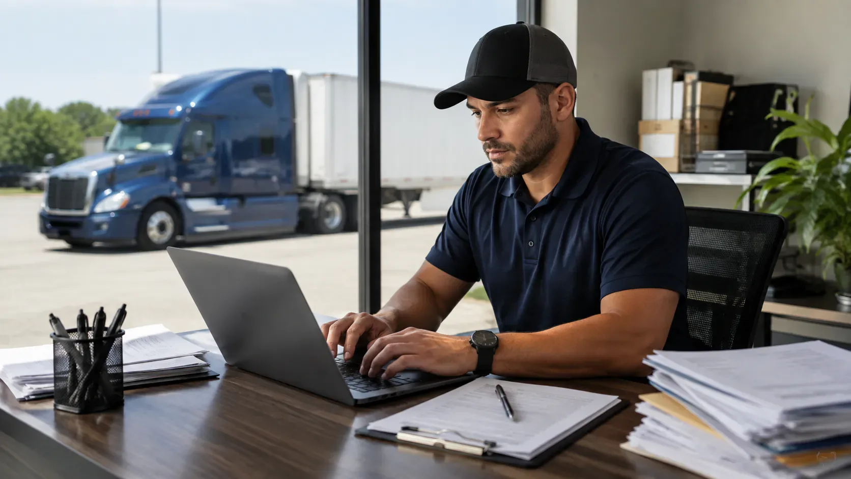 Motor carrier updating registration information on a laptop with a semi-truck outside