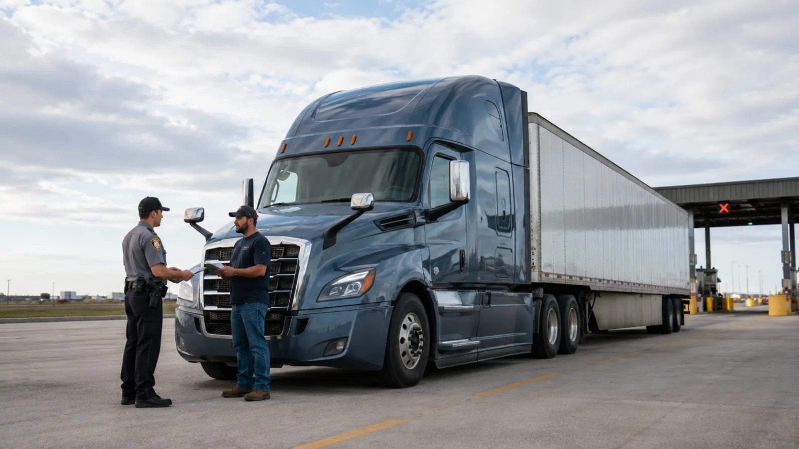 Commercial truck driver speaking with a transportation inspector at a checkpoint