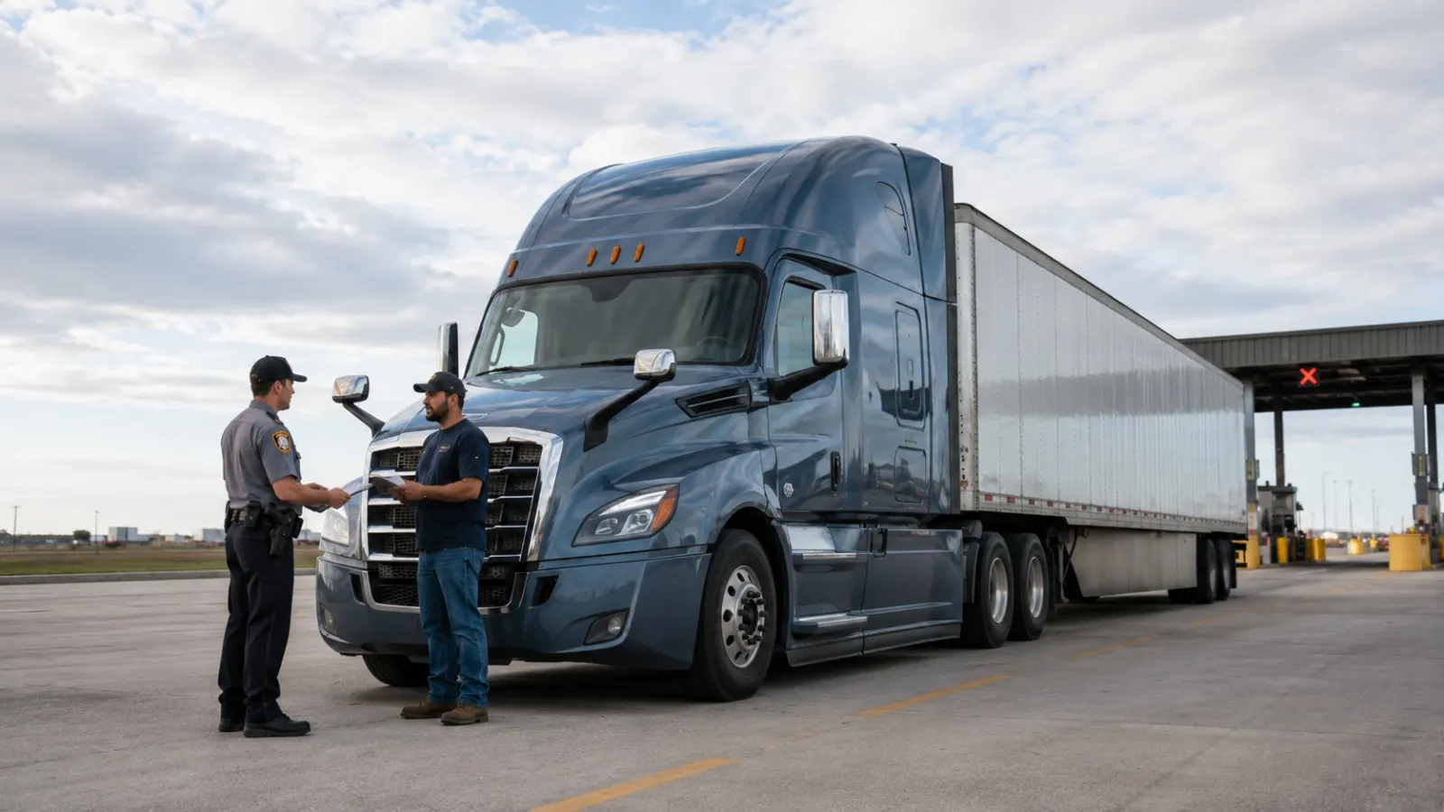 Commercial truck driver speaking with a transportation inspector at a checkpoint