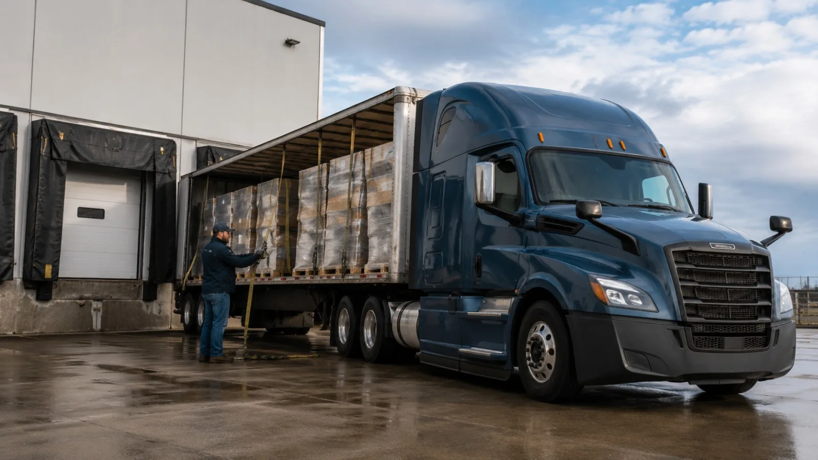 Driver inspecting secured cargo inside a commercial trailer at a loading dock