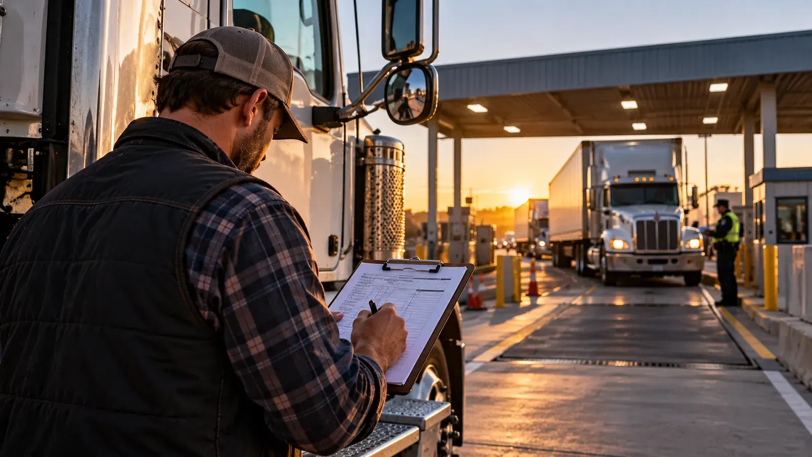 Truck driver completing operational paperwork at a vehicle inspection station