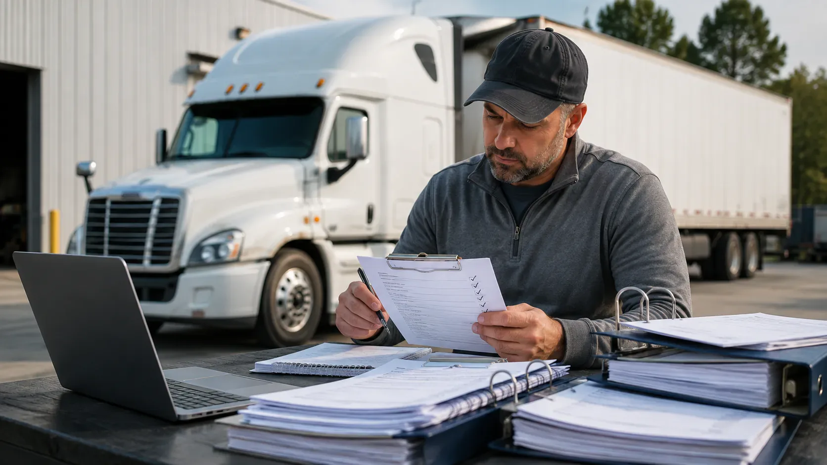 Small motor carrier owner reviewing a New Entrant safety audit checklist beside a commercial truck
