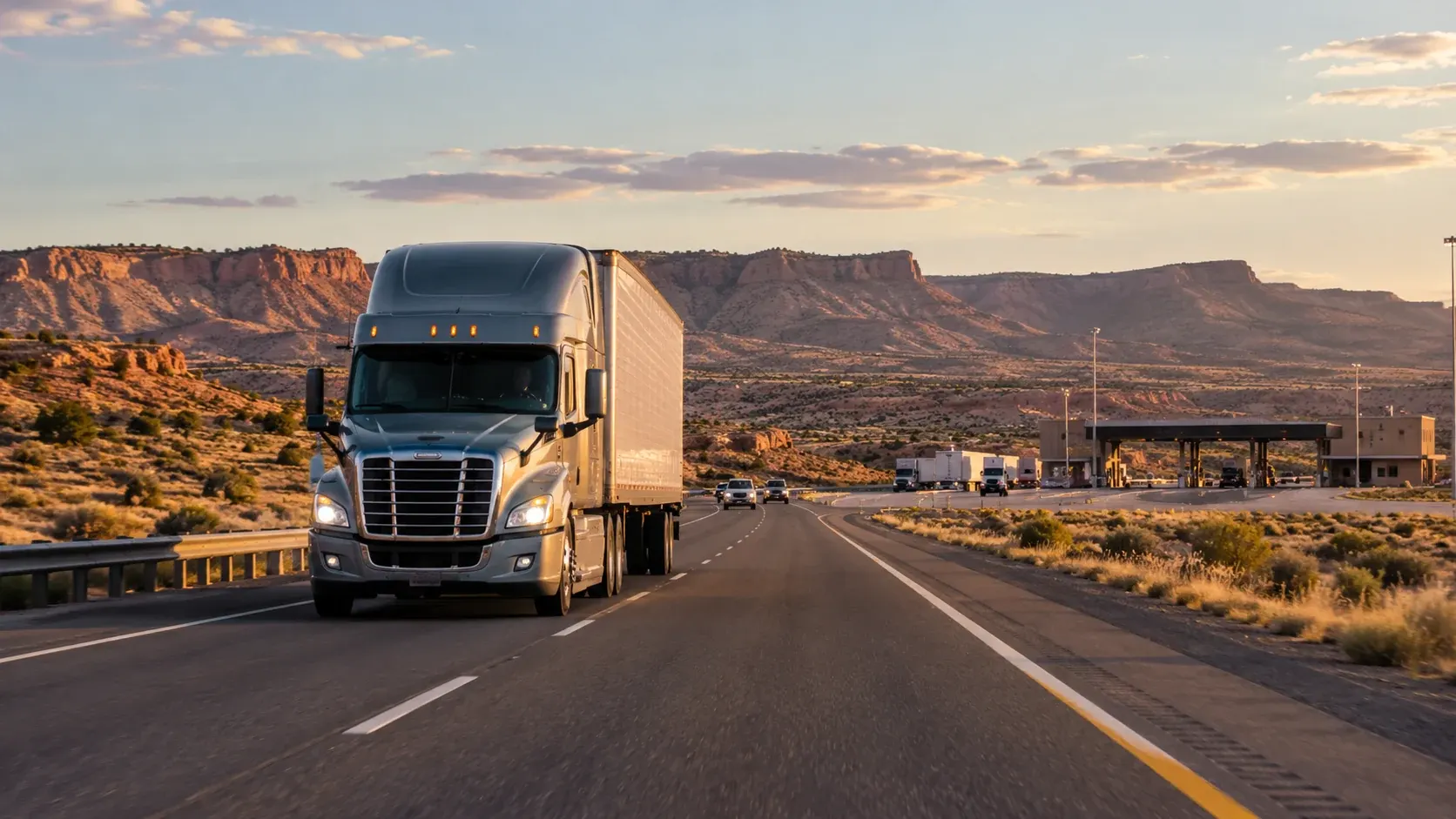 Semi truck traveling past a highway checkpoint in the New Mexico desert