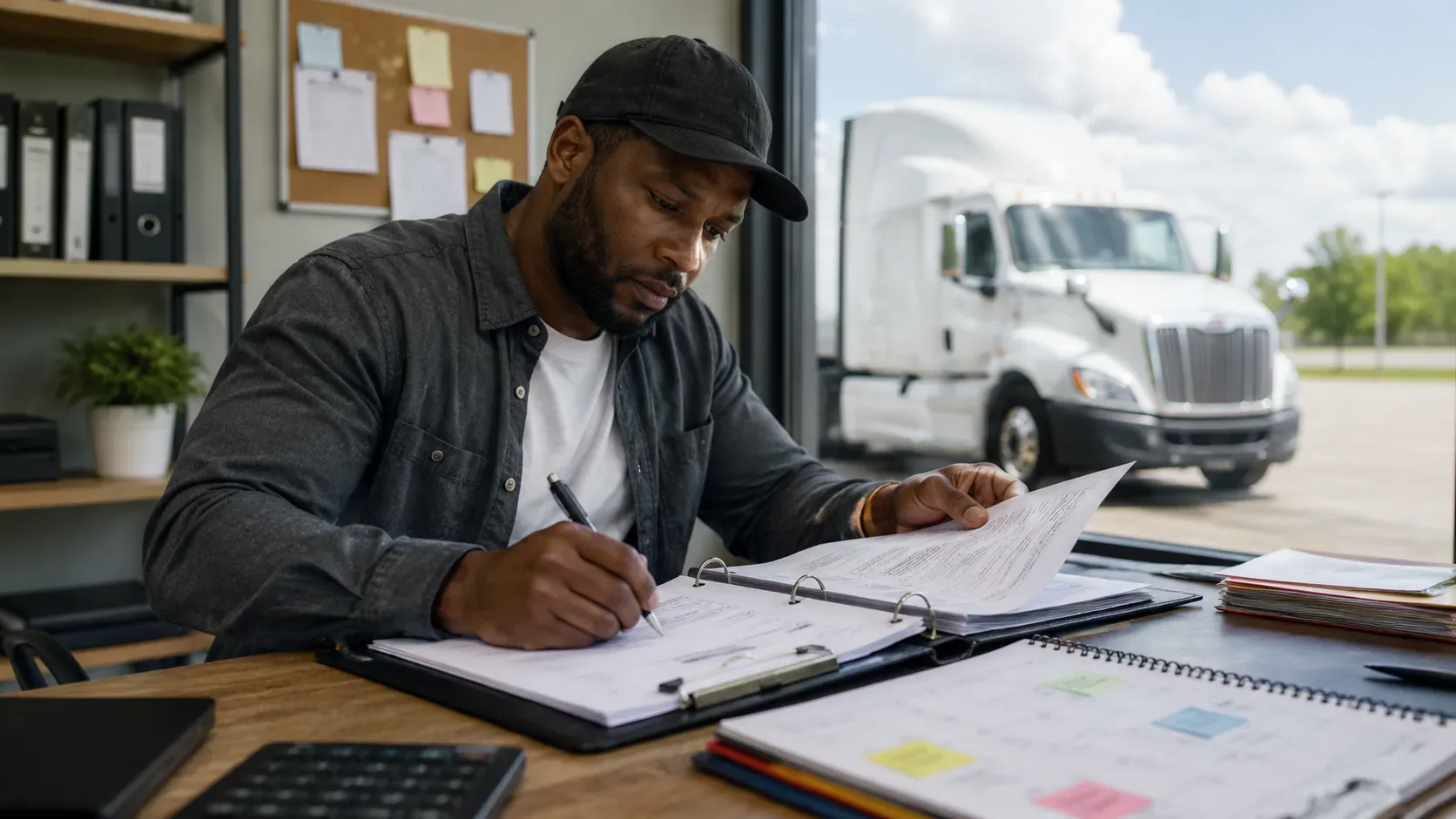 New trucking business owner organizing compliance records during the first months of operation