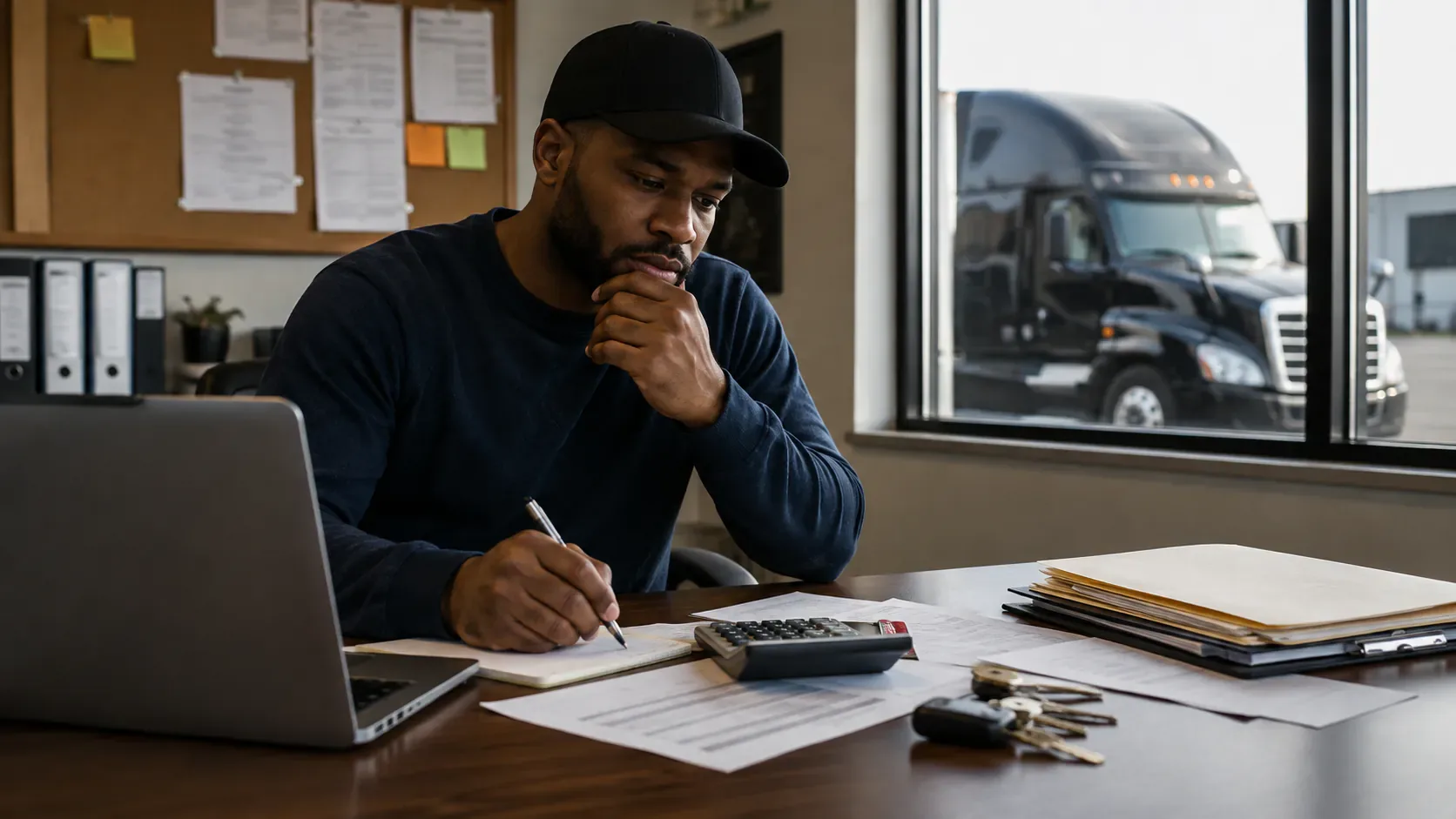 New motor carrier owner planning startup expenses and working capital beside a commercial truck