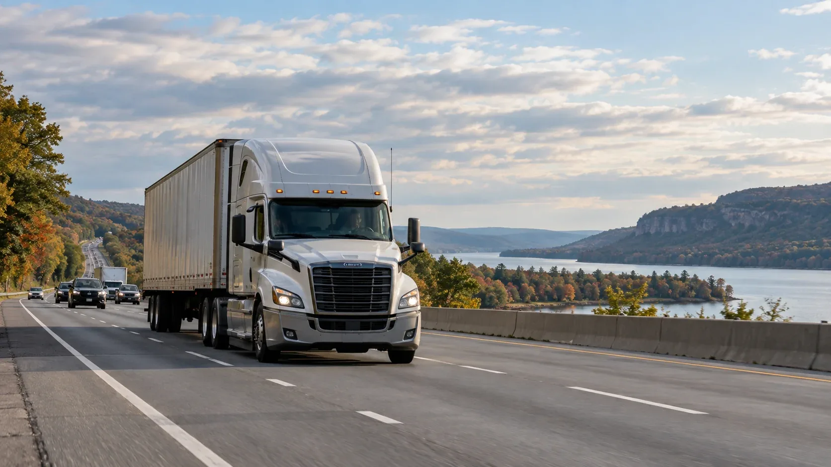 Interstate semi truck traveling through a northeastern highway corridor in New York