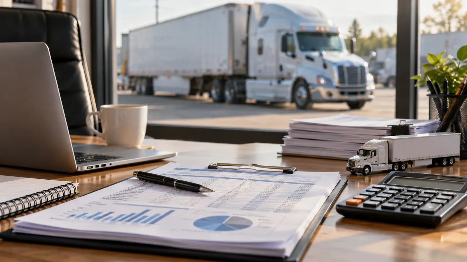 Trucking financial records, calculator and a small model semi truck on a desk