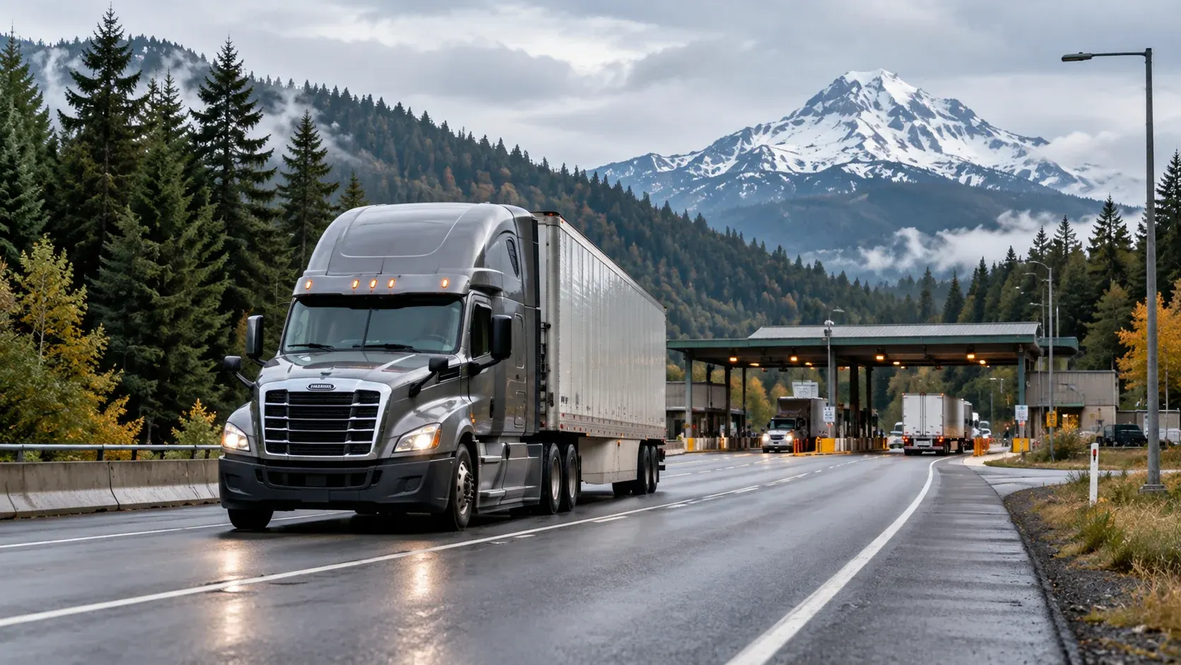 Semi truck near a highway checkpoint on a wet mountain road in Oregon