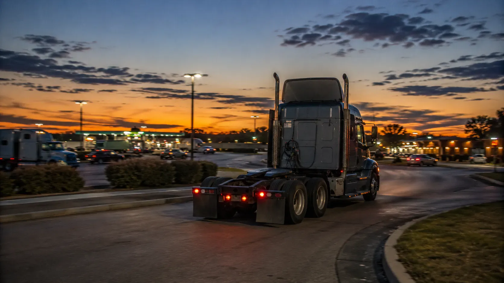 Semi-truck tractor without a trailer moving through a truck stop area