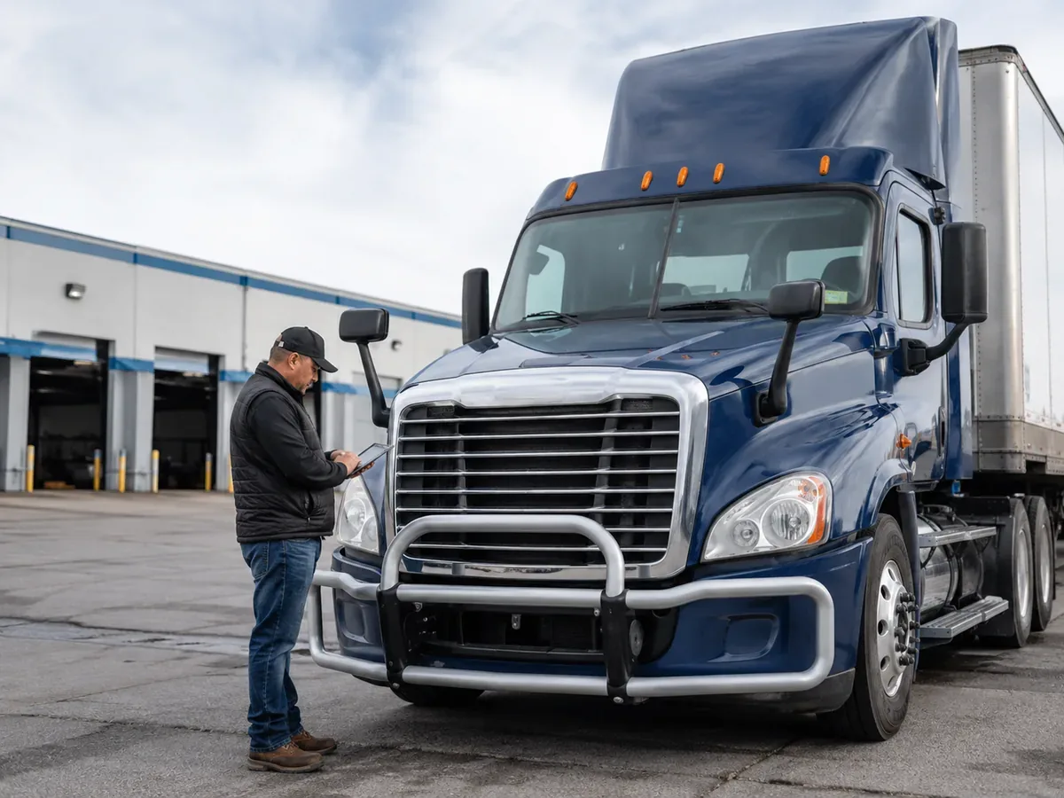 Motor carrier inspecting a semi truck while evaluating the value and condition of its equipment