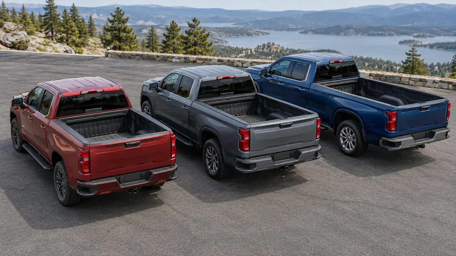 Three pickup trucks with differently sized cargo beds parked side by side.