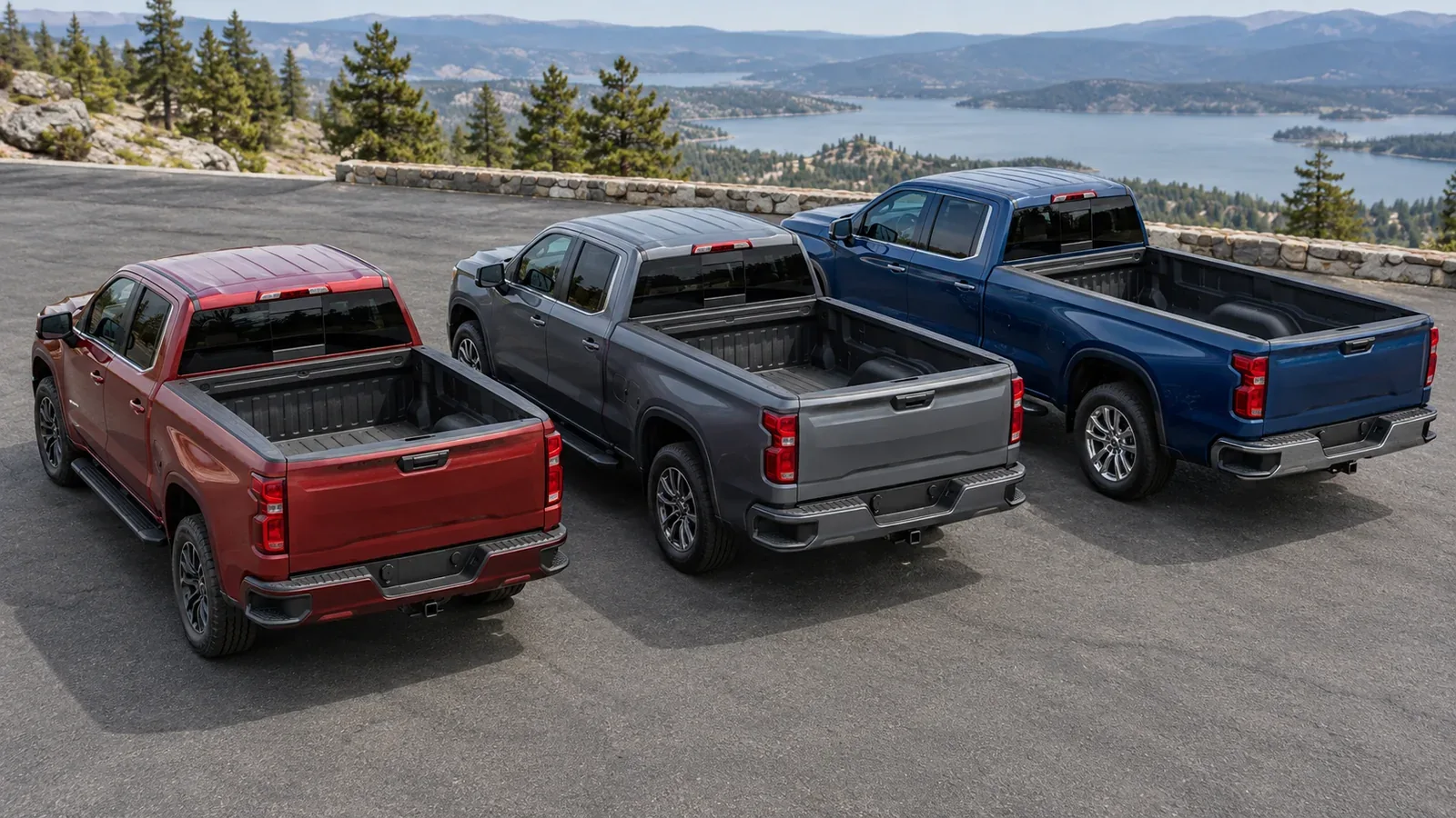 Three pickup trucks with differently sized cargo beds parked side by side.