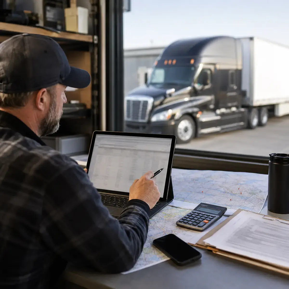 Owner-operator reviewing a freight rate confirmation before accepting a load